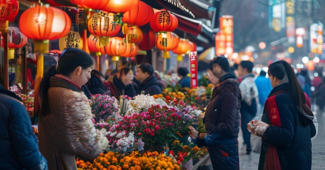 春節の花市場が活況